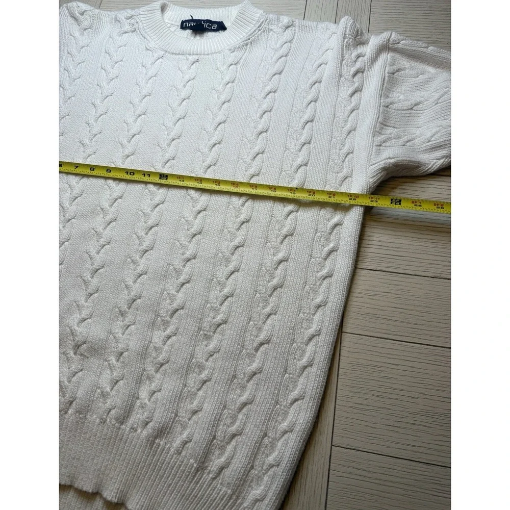 Nautica Mens White Ivory Tight-Knit Preppy Sweater Cable‎ Knit 100% Cotton Sz L